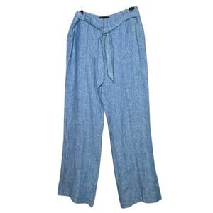 Talbots Blue 100% Linen Coastal Cottage Wide Leg Tie Belt Pants Size 4
